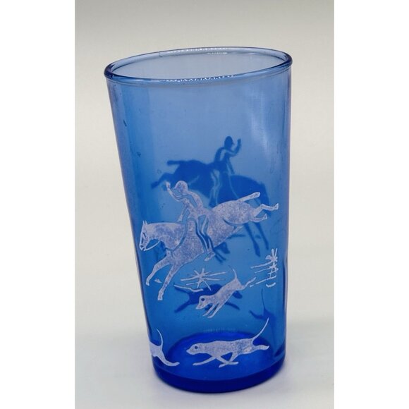 Hazel Atlas Tally Ho Cobalt Blue Juice Glass Fox Hunt 3.75 inch Lot of 3 - Picture 2 of 9